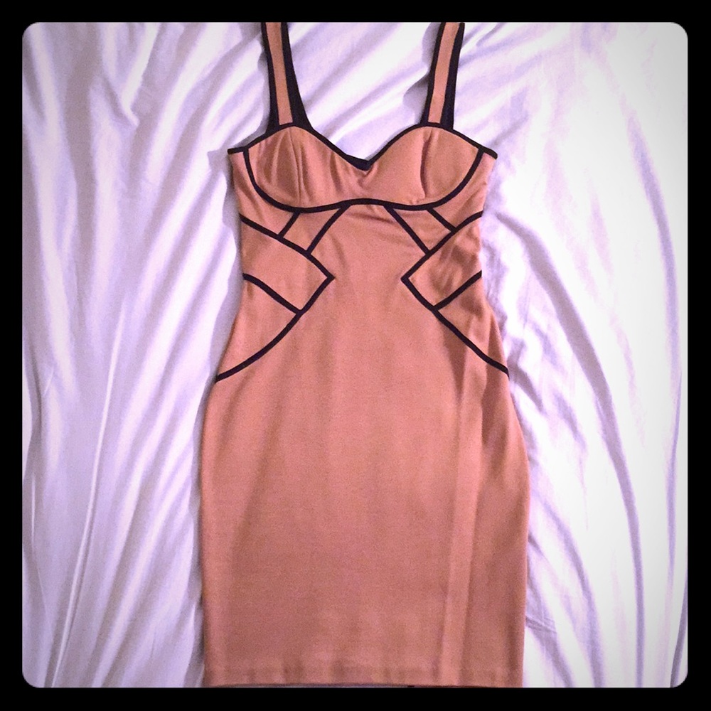 Bebe Tan Midi Dress with Black Contouring Lines